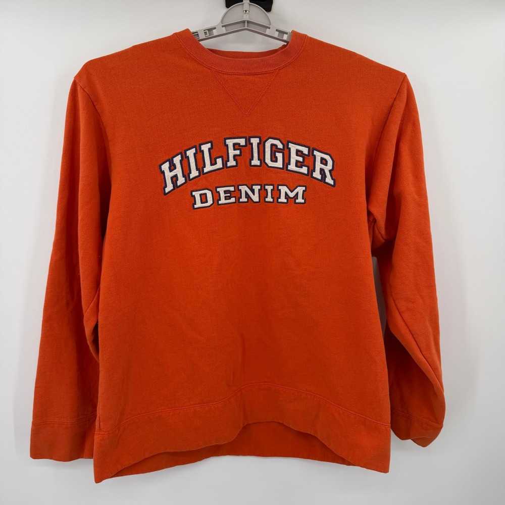 Tommy Hilfiger Denim Mens Orange Spellout Crewneck Sweatshirt XL Logo Pullover